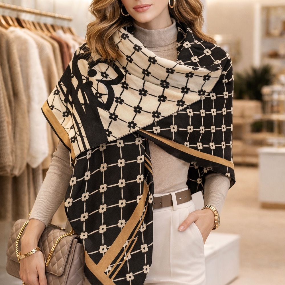 Elegant Black and Cream Patterned Scarf